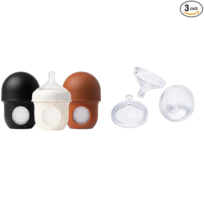 Boon Nursh Reusable Silicone Baby Bottles with Pouch - Stage 1 Slow Flow - 4 Oz - 3 Count + Extra Slow Silicone Nipples 3 Pack