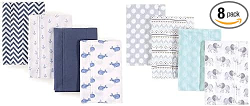 Hudson Baby Boy Cotton Flannel Burp Cloth 8-Pack, Whale Gray Elephant