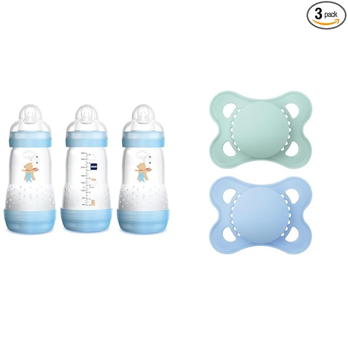 MAM Easy Start Anti-Colic Bottle 9 oz (3-Count), Baby Essentials, Medium Flow Bottles & Original Matte Baby Pacifier, Nipple Shape Helps Promote Healthy Oral Development, Sterilizer