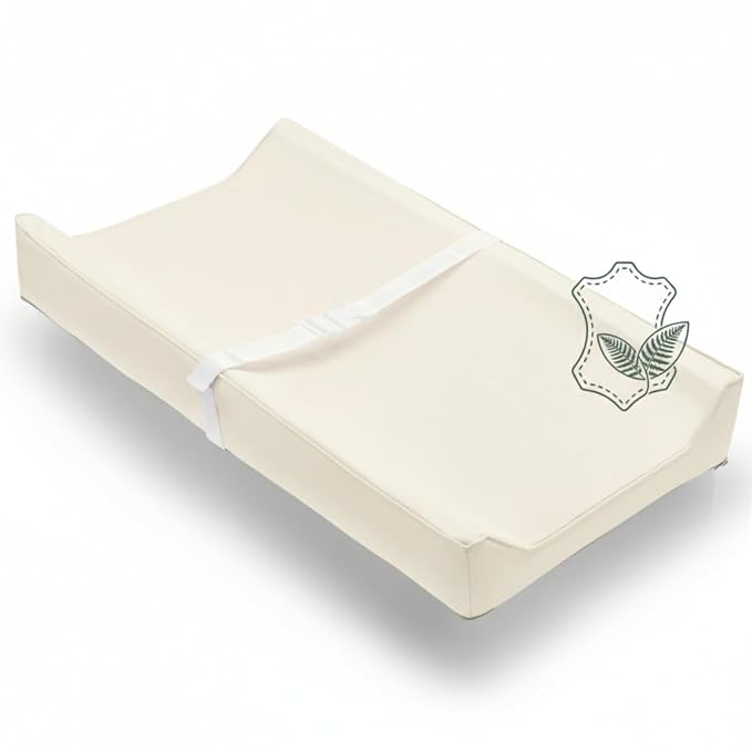 Vegan Leather Contoured Baby Changing Pad | Waterproof & Wipe-Clean PU Leather Diaper Change Mat, Soft, Wipeable Cover, Safety Strap, Non-Slip Bottom, Topper for Standard Infant Diaper Table & Dresser