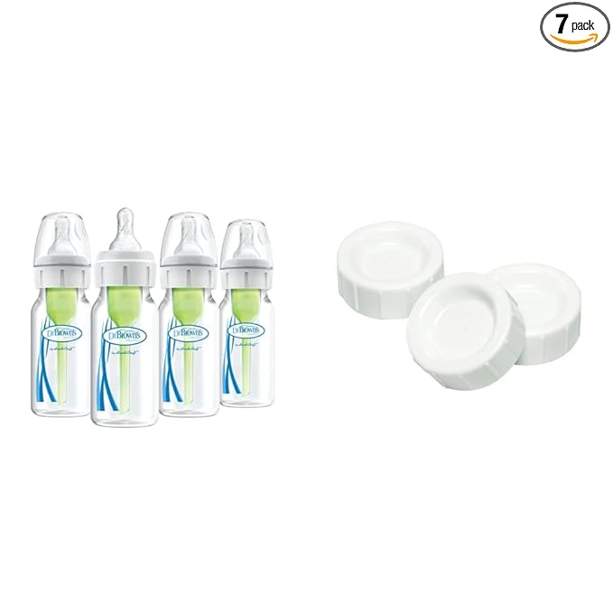 Dr. Brown's Natural Flow Anti-Colic Options+ Narrow Baby Bottles 4 oz (Pack of 4) with Slow Flow Nipple 0m+, Includes Travel Caps 3-Pack