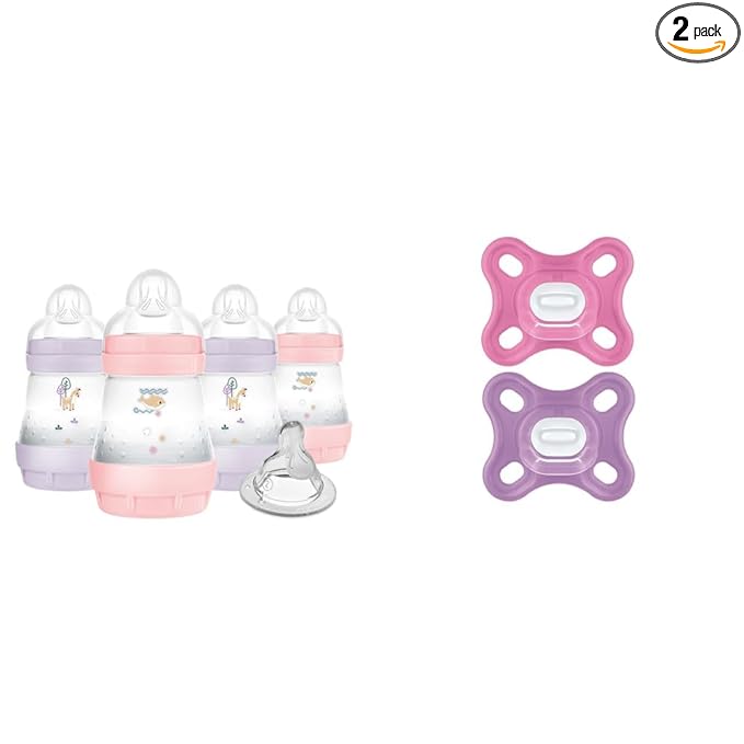 MAM Easy Start Anti-Colic 5oz Slow Flow Breastfeeding-Like Silicone Nipple Baby Bottle Reduces Gas & Reflux, MAM Comfort 100% Silicone Pacifier Girl 0-3 Months 2 Count