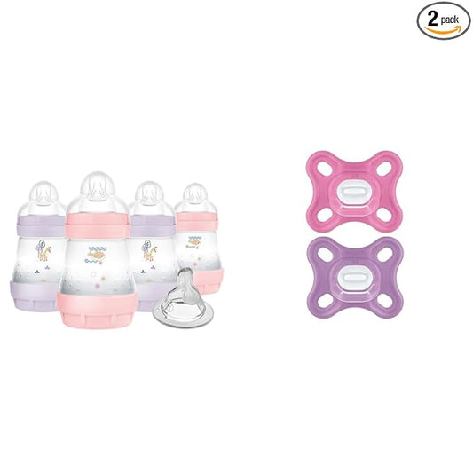 MAM Easy Start Anti-Colic 5oz Slow Flow Breastfeeding-Like Silicone Nipple Baby Bottle Reduces Gas & Reflux, MAM Comfort 100% Silicone Pacifier Girl 0-3 Months 2 Count