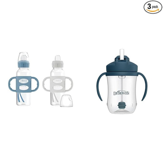 Dr. Brown's Milestones Sippy Spout Bottle 2-Pack with Baby's First Straw Cup, 8oz/250mL, Light Blue and Gray, Dark Blue, 6m+