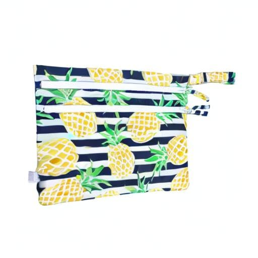 BapronBaby Summer Stripes Pineapple Wet Dry Bag - Waterproof Two Zipper Pockets - Reusable for Mealtime, Diapers, Stroller, Snacks, Swimsuits - Machine Washable - 11" x 9"