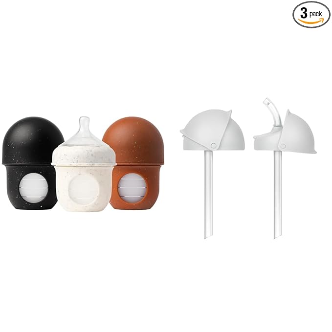 Boon Nursh Silicone Baby Bottles with Conversion Straw Sippy Cup Lids - 4 Oz Bottles, Stage 1 Slow Flow Nipples, and Flip Top Straw Tops - 3 Count
