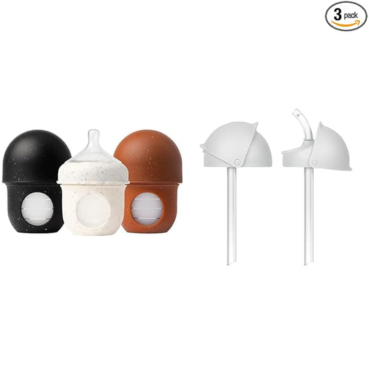 Boon Nursh Silicone Baby Bottles with Conversion Straw Sippy Cup Lids - 4 Oz Bottles, Stage 1 Slow Flow Nipples, and Flip Top Straw Tops - 3 Count