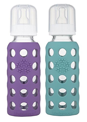 Lifefactory 9oz Glass Baby Bottle 2pk Bundle with 2 Stage 3 Nipples (Grape/Kale)