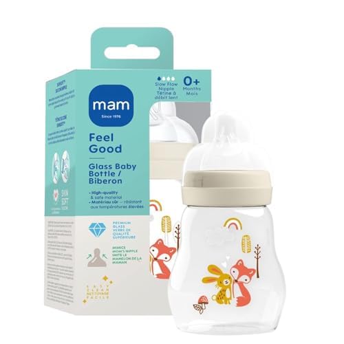 MAM 6oz Premium Glass Baby Bottle Newborn, Wide Neck Slow Flow Breastfeeding Like Silicone Nipple, Easy Clean, BPA Free, 0+ Months, Easy Switch Between Breast and Bottle, 1 Pack, Unisex