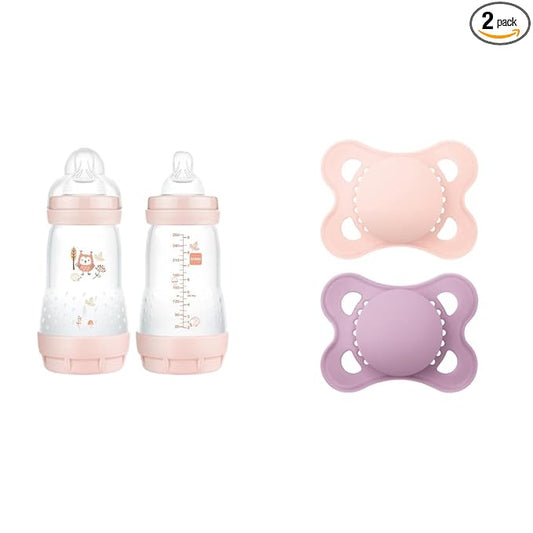 MAM Easy Start Matte Anti-Colic Baby Bottles 9 oz 2 Count Medium Flow Baby Girl & Original Matte Baby Pacifier 0-6 Months Girl 2 Pack
