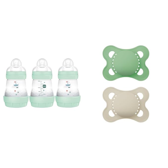 MAM Anti-Colic Baby Bottle 3 Pack with Slow Flow Nipple and MAM Original Baby Pacifier 2 Pack for 0-6 Months