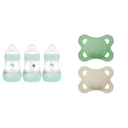 MAM Anti-Colic Baby Bottle 3 Pack with Slow Flow Nipple and MAM Original Baby Pacifier 2 Pack for 0-6 Months