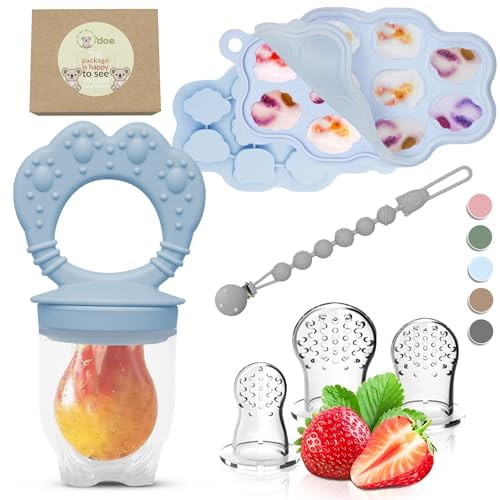 Set 1 : O’doe Silicone Baby Popsicle Molds & 1 Baby Food Feeders with 1 Clip, 1-Pack Freezer Tray with Lid, 10-Hole Popsicle Molds for Teething Relief, Includes 3 Extra Pacifiers, BPA Free (Blue)