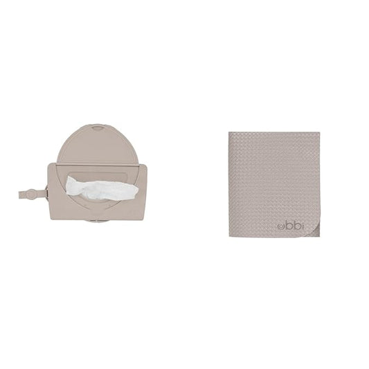 Ubbi On-The-Go Baby Wipes Dispenser and Changing Mat, Portable Diapering Accessories for Traveling with Newborns, Taupe
