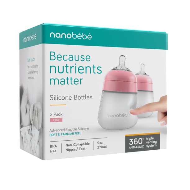 Nanobébé Flexy Silicone Baby Bottle 2-Pack – Pink, 9oz
