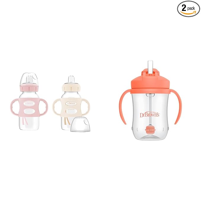 Dr. Brown's Milestones Wide-Neck Sippy Bottle with 100% Silicone Handles, Easy-Grip Bottle & Milestones Baby’s First Straw Cup, Training Cup with Weighted Straw, Coral, 6m+