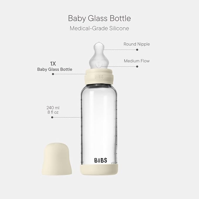 BIBS Baby Glass Bottle. 8 US fl oz / 240 ml. Anti-Colic. Vented Round Silicone Nipple. Supports Natural Breastfeeding, Medium Flow, Complete Set - Ivory