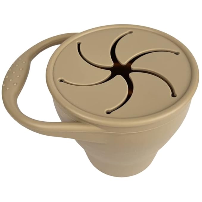 BraveJusticeKidsCo. | Snack Attack Cup | Collapsible Silicone Container | Toddler and Baby Catcher Lid (Warm Sand)