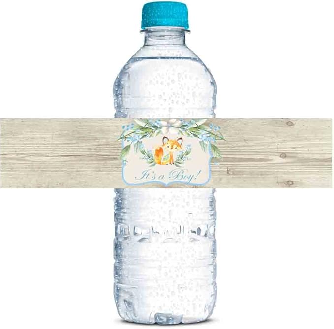 Watercolor Woodland Fox It's a Boy Baby Shower Waterproof Water Bottle Sticker Wrappers 20 Wrap Around Labels Sized 1.75" x 8.5" by AmandaCreation