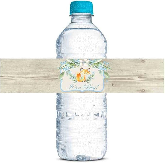 Watercolor Woodland Fox It's a Boy Baby Shower Waterproof Water Bottle Sticker Wrappers 20 Wrap Around Labels Sized 1.75" x 8.5" by AmandaCreation