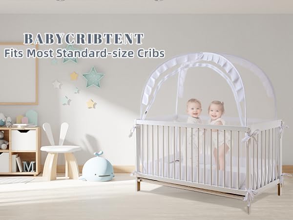 Lazyzzzz Crib Tent - Pop Up Crib Canopy with Double Zipper Self-Locked,1200 Holes/Inch Mesh Crib Net to Keep from Climbing Out, Portable Easy Install Mosquito Net 55" L x 27" W x 51" H White