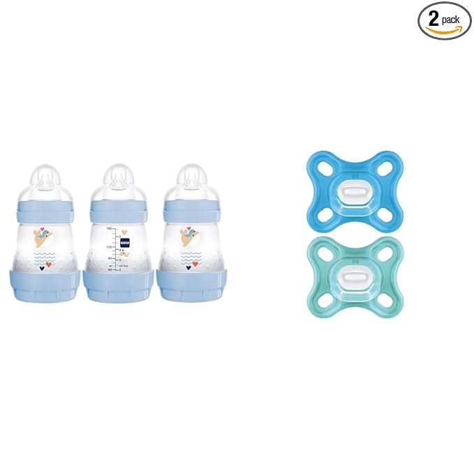 MAM Easy Start Anti Colic Baby Bottle, Easy Switch Between Breast and Bottle & Comfort Baby Pacifier, 100% Lightweight Silicone, Sterilizer Case, 0-3 Months (Pack of 2)