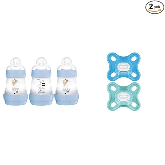 MAM Easy Start Anti Colic Baby Bottle, Easy Switch Between Breast and Bottle & Comfort Baby Pacifier, 100% Lightweight Silicone, Sterilizer Case, 0-3 Months (Pack of 2)