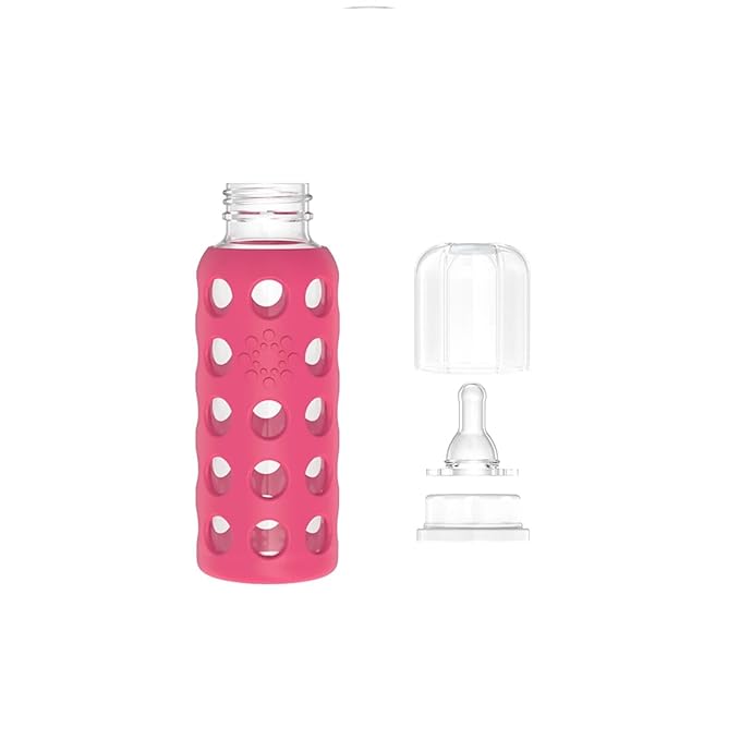 Lifefactory Glass Baby Bottle BPA Free | Protective Silicone Sleeve | 9 oz Pack of 3 | Raspberry, Papaya, Mango