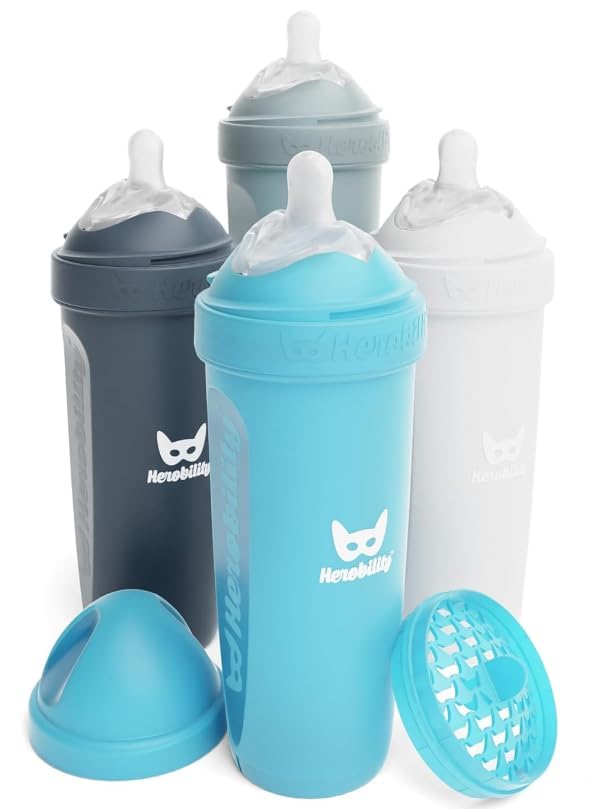 Herobility Anti-Colic Baby Bottles 12 fl oz/340ml - Pack of 4 Plastic Baby Bottles, Slow Flow Plastic Bottles, Breast-Shaped Teat for Breastfed Babies, – Multicolor - White, Gray, Iron Blue, Blue