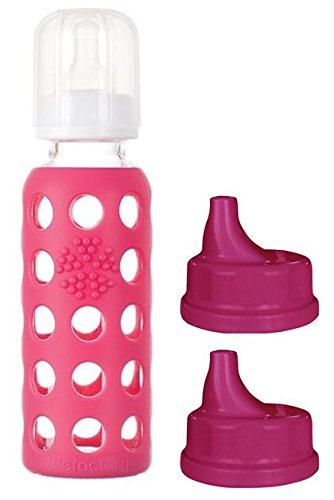 Lifefactory Glass Baby Bottle BPA Free 9 oz + Sippy Cap Set | Protective Silicone Sleeve | Raspberry