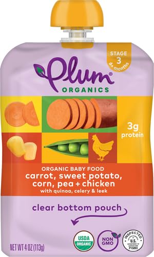 Plum Organics Stage 3 Organic Baby Food - Carrot, Sweet Potato, Corn, Pea, and Chicken - 4 oz Pouch - Organic Baby Food Pouch