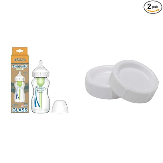 Dr. Brown's Anti-Colic Options+ Wide-Neck Glass Baby Bottle 9 oz, Level 1 Slow Flow Nipple 1 Pack with Storage/Travel Caps 2 Pack