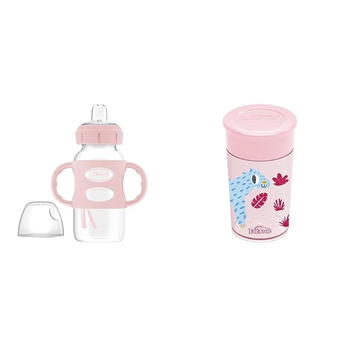 Dr. Brown's Milestones Wide-Neck Sippy Spout Bottle with 100% Silicone Handles & Milestones Cheers 360 Cup Spoutless Transition Cup, Travel Friendly & Leak-Free Sippy Cup, Pink Leopard, 10 oz/300 mL