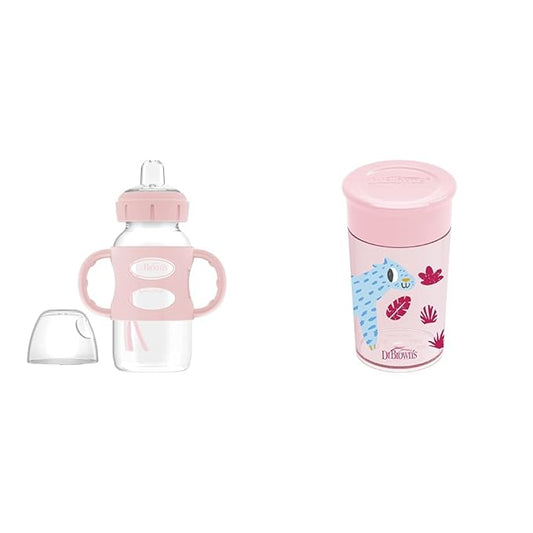 Dr. Brown's Milestones Wide-Neck Sippy Spout Bottle with 100% Silicone Handles & Milestones Cheers 360 Cup Spoutless Transition Cup, Travel Friendly & Leak-Free Sippy Cup, Pink Leopard, 10 oz/300 mL