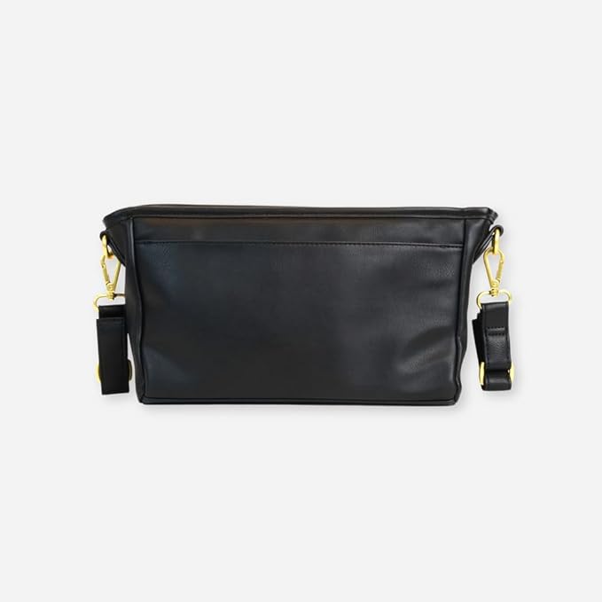 FAWN DESIGN The Stroller Caddy, Premium Matte Faux Leather Stroller Organizer with Cup Holder, Black Diaper Bag with Adjustable Stroller Straps, 2 Exterior Pockets 1 Zipper Pocket, 14x 5x 7 inches