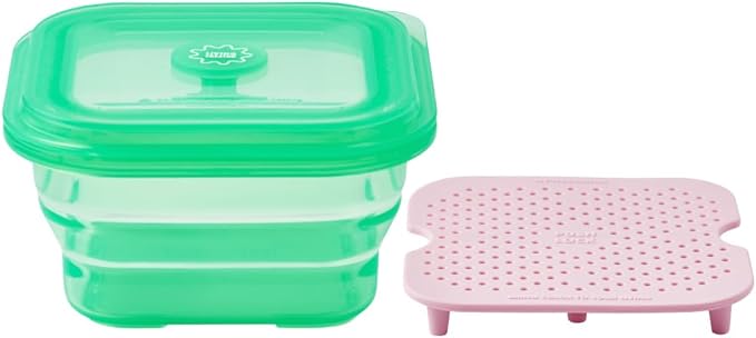 PushLock Collapsible Food Storage Container&Smart Cooking Steam Tray, Space-Saving, Platinum Silicone, Microwave&Freezer&Dishwasher Safe, for Cooking&Leftovers, BPA-Free, 60oz per Unit (GREEN&PINK)