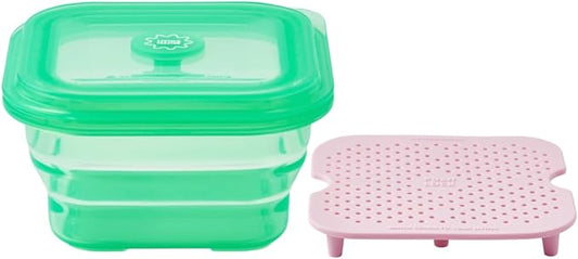 PushLock Collapsible Food Storage Container&Smart Cooking Steam Tray, Space-Saving, Platinum Silicone, Microwave&Freezer&Dishwasher Safe, for Cooking&Leftovers, BPA-Free, 60oz per Unit (GREEN&PINK)