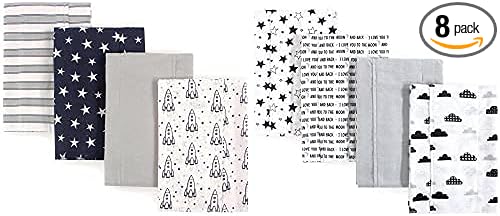 Hudson Baby Boy Cotton Flannel Burp Cloth 8-Pack, Rocket Ship Moon and Back