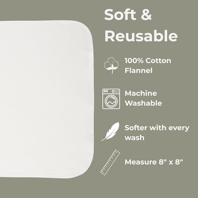 Reusable Baby Wipes, 25 Washable Cloth Wipes per Pack, 100% Cotton, Soft and Gentle for Baby's Skin, by Nora's Nursery