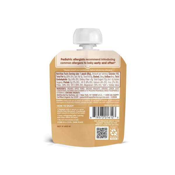 Happy Baby Organics Stage 2 Baby Food Pouches, Gluten Free, Vegan Snack, Nutty Blends, Apple & Walnut Butter, 3 Ounce (Pack of 12)