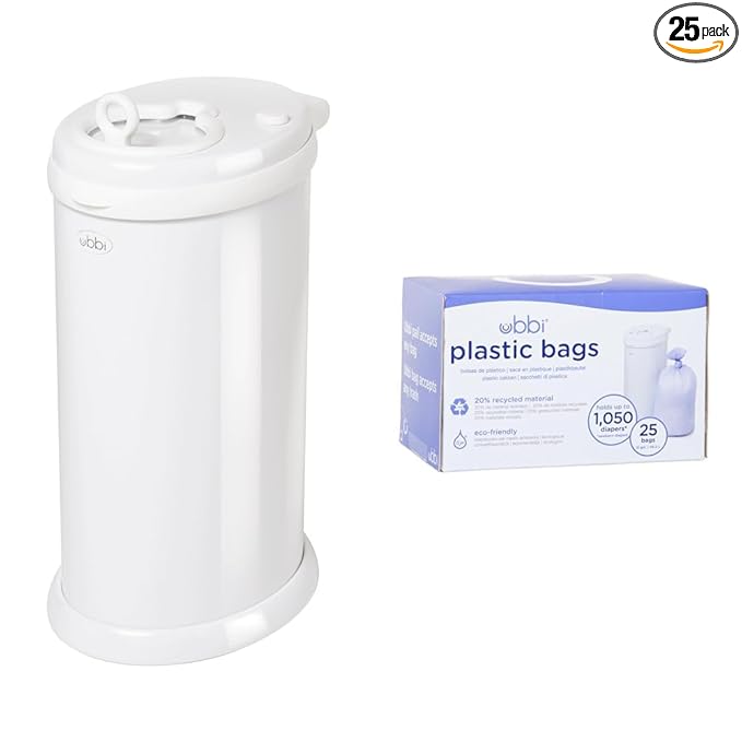 Ubbi Steel Odor Locking & Disposable Diaper Pail Plastic Bags, Single Pack, 25 Count, 13-Gallon Bags