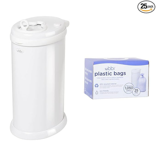 Ubbi Steel Odor Locking & Disposable Diaper Pail Plastic Bags, Single Pack, 25 Count, 13-Gallon Bags