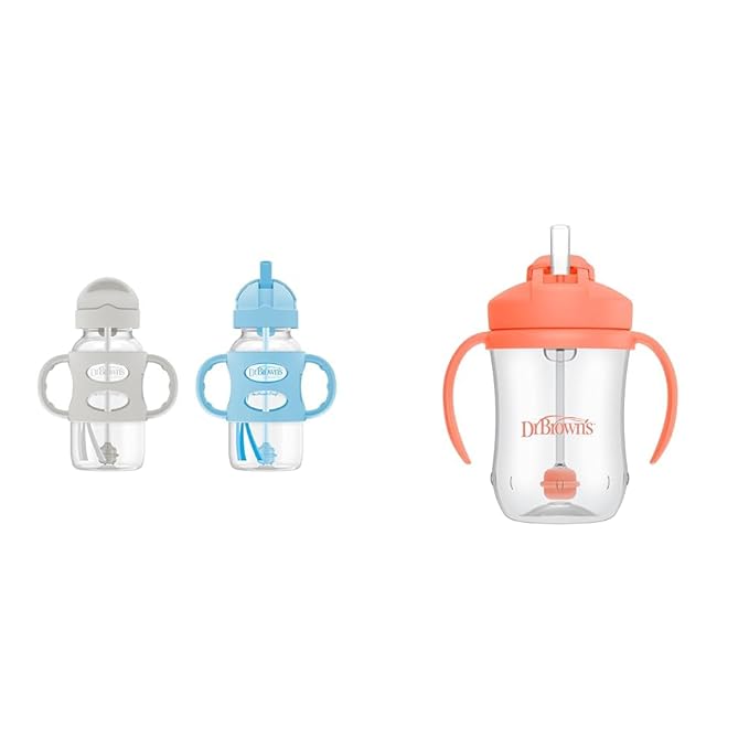 Dr. Brown's Milestones Wide-Neck Sippy Straw Bottle with 100% Silicone Handles and Weighted Straw & Milestones Baby’s First Straw Cup, Training Cup with Weighted Straw, Coral, 6m+