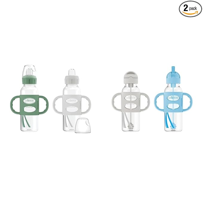 Dr. Brown's Milestones Sippy Spout & Straw Bottle Bundle with 100% Silicone Handles, 8oz/250mL, 2-Pack, Green & Gray, Blue & Gray, 6m+
