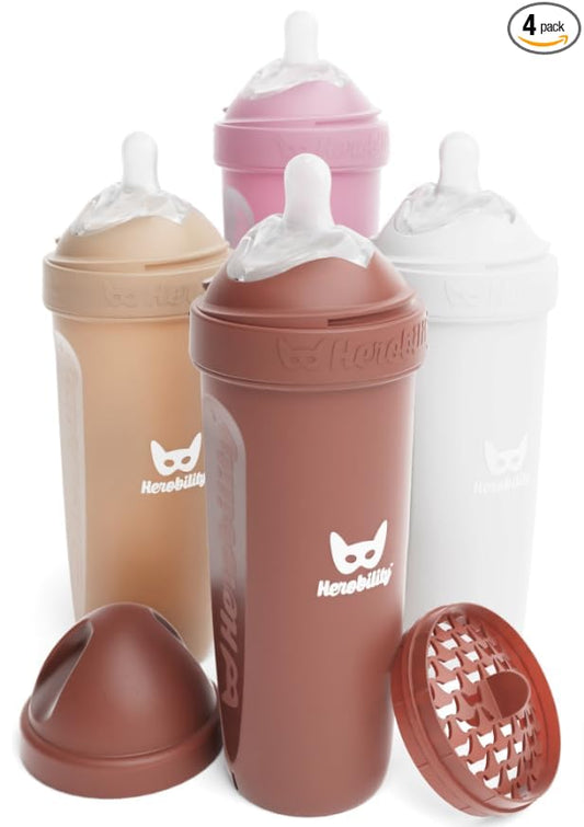 Herobility Anti-Colic Baby Bottles 12 fl oz/340ml - Pack of 4 Plastic Baby Bottles, Fast Flow Plastic Bottles, Breast-Shaped Teat for Breastfed Babies - Multicolor - Sand, Woodchuck, Pink, White