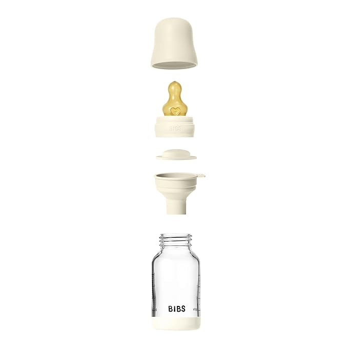 BIBS Baby Glass Bottle. 4 US fl oz / 120 ml. Anti-Colic. Vented Round Natural Rubber Latex Nipple. Supports Natural Breastfeeding, Slow Flow, Complete Set - Ivory
