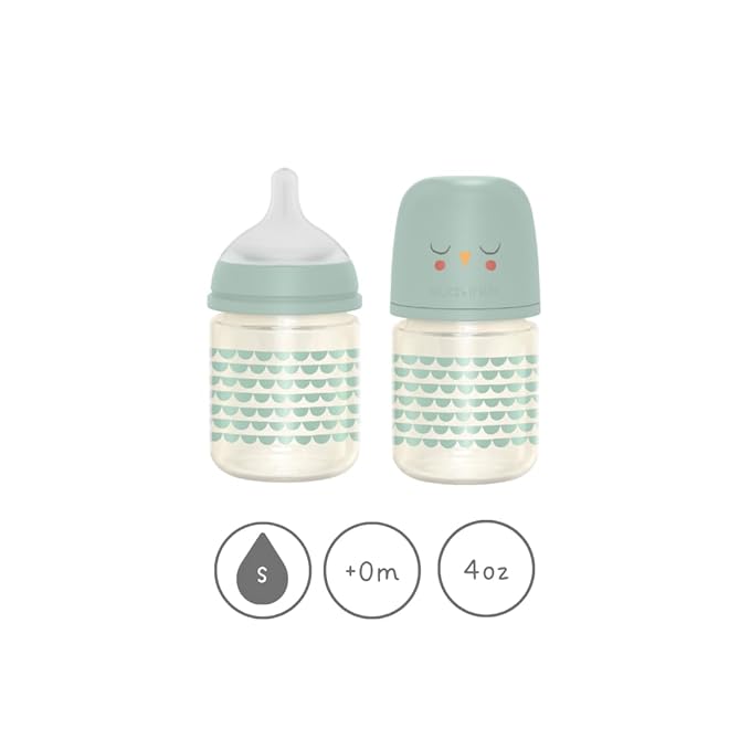 Suavinex Bonhomia Glass Baby Bottle with SX PRO Silicone Nipple, Anti Colic Baby Bottles, Baby Bottles for Breastfed Babies, 2 Pack 4 oz, Mint