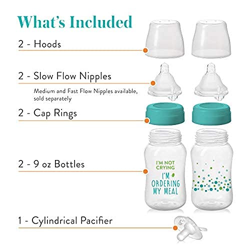 Balance + Wide Neck Printed Bottles, 9oz 2pk, with Pacifier