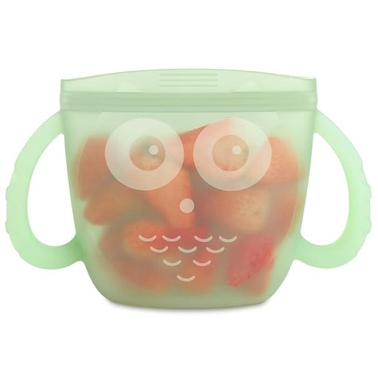 Haakaa Oscar Owl Baby Snack Container-Silicone Travel Snack Pouch for Toddlers,Spill Proof Toddler Snack Cup, Reusable Snack Bags for Infant On-The-Go,BPA Free- Pea Green