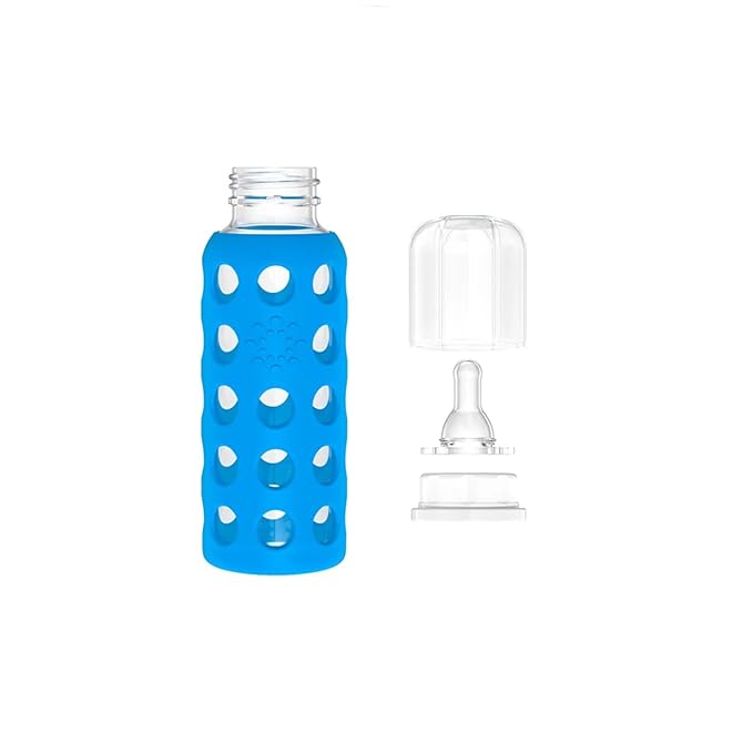 Lifefactory 9-Ounce BPA-Free Glass Baby Bottle with Protective Silicone Sleeve and Stage 2 Nipple, Cobalt Blue